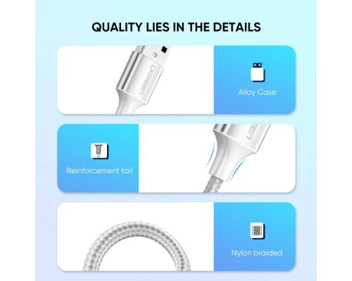 Кабель UGREEN US288 USB-A 2.0 to USB-C Cable Nickel Plating Aluminum Braid 1m (White) (UGR-60131)