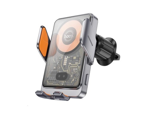 Автотримач для телефона з БЗП HOCO HW7 Transparent Discovery Edition wireless fast charging car holder(air outlet) Metal Gray (6942007608145)