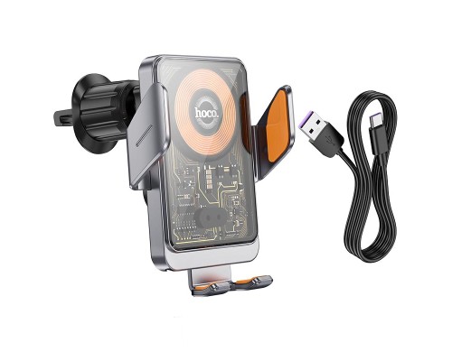 Автотримач для телефона з БЗП HOCO HW7 Transparent Discovery Edition wireless fast charging car holder(air outlet) Metal Gray (6942007608145)