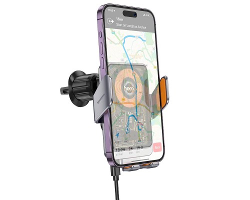 Автотримач для телефона з БЗП HOCO HW7 Transparent Discovery Edition wireless fast charging car holder(air outlet) Metal Gray (6942007608145)