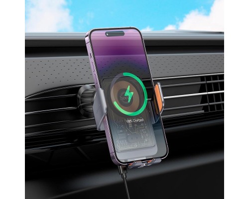 Автотримач для телефона з БЗП HOCO HW7 Transparent Discovery Edition wireless fast charging car holder(air outlet) Metal Gray (6942007608145)