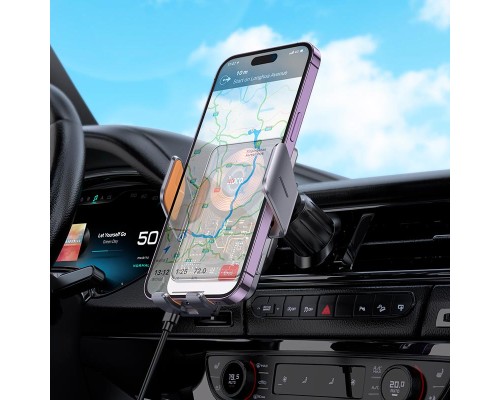 Автотримач для телефона з БЗП HOCO HW7 Transparent Discovery Edition wireless fast charging car holder(air outlet) Metal Gray (6942007608145)