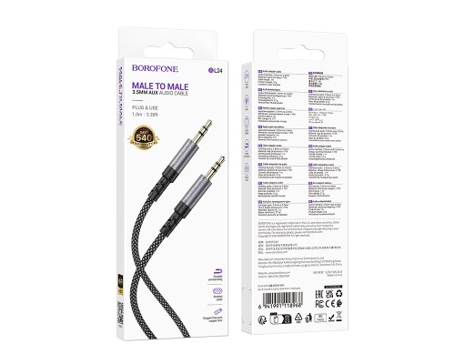 Аудіокабель BOROFONE BL24 3.5mm male to 3.5mm male, nylon braid, 1m, Metal Grey (6941991118968)