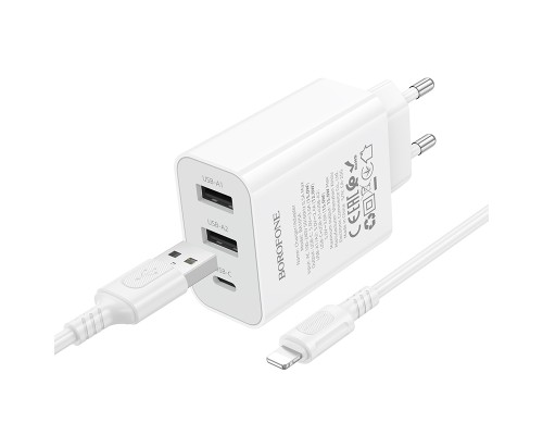 Мережевий зарядний пристрій з кабелем BOROFONE BA105A Stellar three-port charger set (iP) (EU) White (6941991125287)