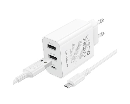 Мережевий зарядний пристрій з кабелем BOROFONE BA105A Stellar three-port charger set (Micro) (EU) White (6941991125294)
