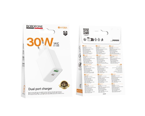 Мережевий зарядний пристрій BOROFONE BA108A Stellar PD30W+QC3.0 charger (EU) White (6941991125379)