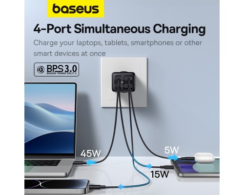 Мережевий зарядний пристрій з кабелем Baseus GaN6 Pro Fast Charger 2C+2U 65W  EU Cluster Black((With Type-C to Type-C 100W(20V/5A) 1m Black） (P10162701113-00)
