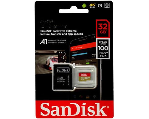 Карта пам'яті microSDHC (UHS-1 U3) SanDisk Extreme Action A1 32Gb class 10 V30 (R100MB/s, 667x) (adapter SD) (SDSQXAF-032G-GN6MA)