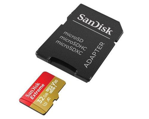 Карта пам'яті microSDHC (UHS-1 U3) SanDisk Extreme Action A1 32Gb class 10 V30 (R100MB/s, 667x) (adapter SD) (SDSQXAF-032G-GN6MA)