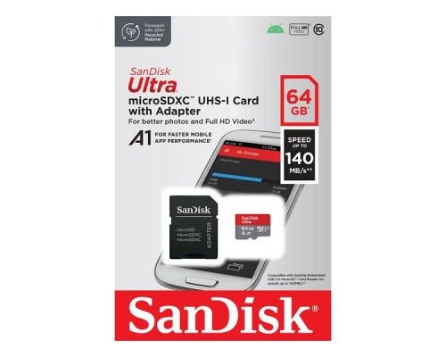 Карта пам'яті microSDXC (UHS-1) SanDisk Ultra 64Gb class 10 A1 (140Mb/s) (adapter SD) (SDSQUAB-064G-GN6MA)