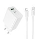 Мережевий зарядний пристрій з кабелем BOROFONE BA108A Stellar PD30W+QC3.0 charger set (C to iP) (EU) White (6941991125386)