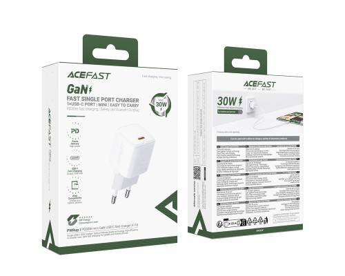 Мережевий зарядний пристрій ACEFAST A118 PD30W mini GaN USB-C fast charger (6974316285366)