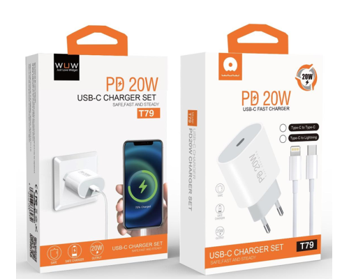 Мережевий зарядний пристрій з кабелем WUW-T79L PD 20W USB C charger with type c to lightning cable (6972573336234)