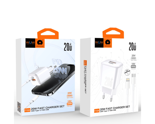 Мережевий зарядний пристрій з кабелем WUW-T104L PD20W A+C  Lightning kit (6978749570631)