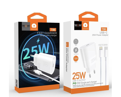 Мережевий зарядний пристрій з кабелем WUW-T86L PD 25W fast charger + USB C to lighting set (6972573338207)