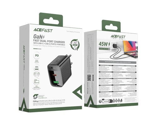 Мережевий зарядний пристрій ACEFAST A106 PD45W GaN (USB-C+USB-A) charger (EU) Black (6974316284031)