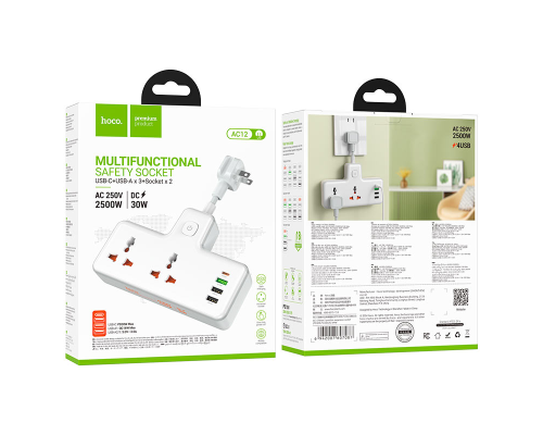 Мережевий подовжувач HOCO AC12 Reise 2-position expansion socket(PD30W/1C3A) (US) White (6942007607087)