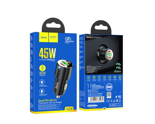 Автомобільний зарядний пристрій HOCO NZ6 PD45W 3-port(2C1A) car charger Black (6931474765185)