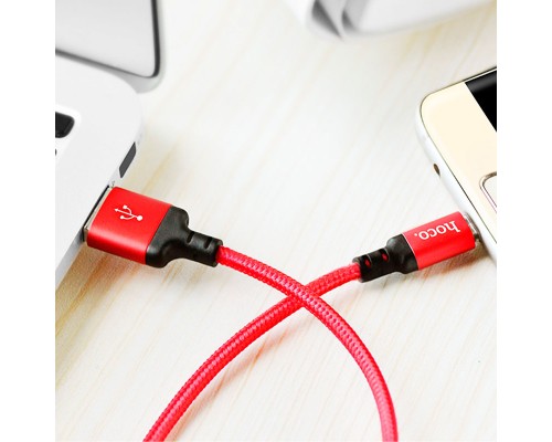 Кабель HOCO X14 USB to Micro 2,4A, 1m, nylon, aluminum connectors Black-red (6957531062851)