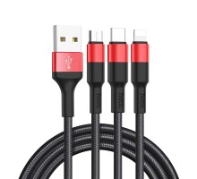 Кабель HOCO X26 Xpress one pull three charging cable iP+Micro+Type-C Black+Red (6957531080282)