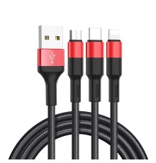 Кабель HOCO X26 Xpress one pull three charging cable iP+Micro+Type-C Black+Red (6957531080282)