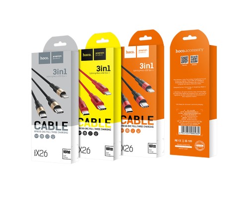 Кабель HOCO X26 Xpress one pull three charging cable iP+Micro+Type-C Black+Red (6957531080282)