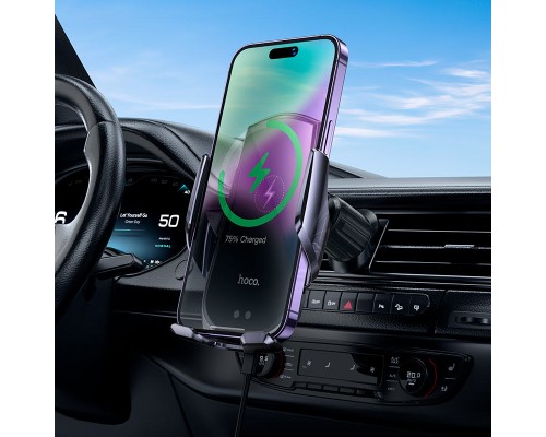 Автотримач для телефона з БЗП HOCO CA202 Plus Enlightener infrared induction wireless charging car holder(air outlet) Black metal gray (6942007623469)