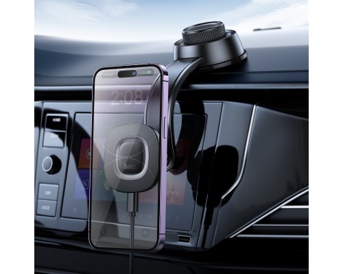 Автотримач для телефона з БЗП HOCO HW31 Crown magnetic wireless charging car holder(center console) Black Metal Gray (6942007646932)