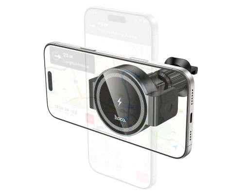 Автотримач для телефона з БЗП HOCO HW35 Power electric magnetic wireless fast charging car holder(air outlet) Black (6942007660792)