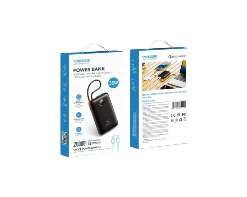 Зовнішній акумулятор VEGER 20000 mAh with built-in cables Type C / Lightning PD QC3.0 35W K2 (W2068) black (VG-W2068)