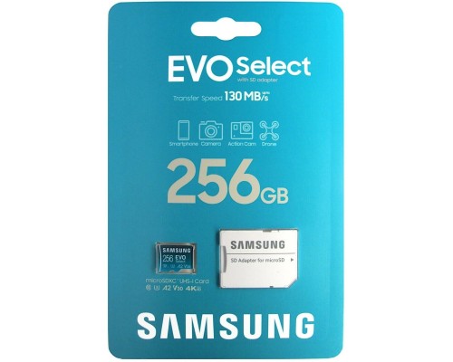 Карта пам'яті microSDXC (UHS-І U3) Samsung EVO Select 256Gb class 10 A2 V30 (R130MB/s, W30MB/s) (adapter SD) (MB-ME256KA/EU)