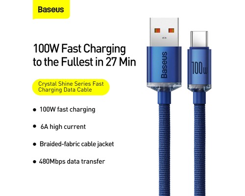Кабель Baseus Crystal Shine Series Fast Charging Data Cable USB to Type-C 100W 2m Blue (CAJY000503)