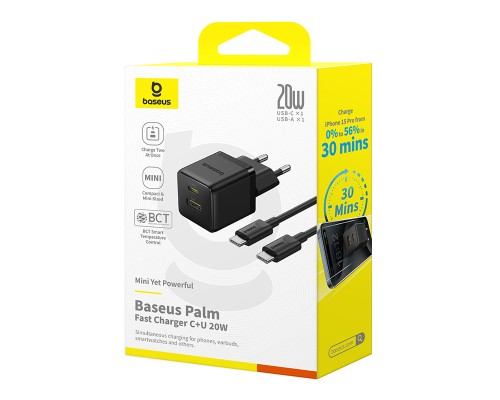 Мережевий зарядний пристрій Baseus Palm Fast Charger C+U 20W EU Cluster Black (with Baseus Mini White Cable USB-C to USB-C 60W (20V/3A) 1m Cluster Bla (P10111608113-01)
