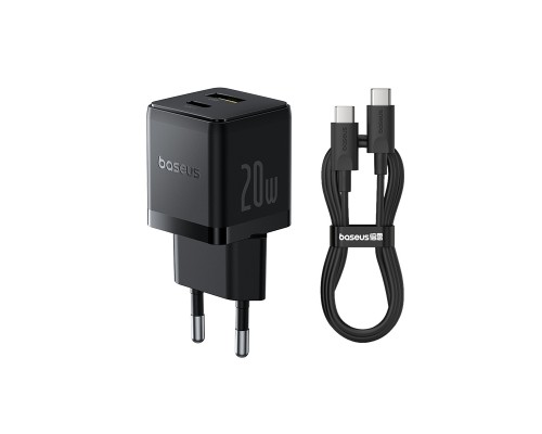 Мережевий зарядний пристрій Baseus Palm Fast Charger C+U 20W EU Cluster Black (with Baseus Mini White Cable USB-C to USB-C 60W (20V/3A) 1m Cluster Bla (P10111608113-01)
