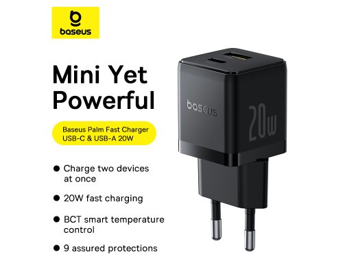 Мережевий зарядний пристрій Baseus Palm Fast Charger C+U 20W EU Cluster Black (with Baseus Mini White Cable USB-C to USB-C 60W (20V/3A) 1m Cluster Bla (P10111608113-01)