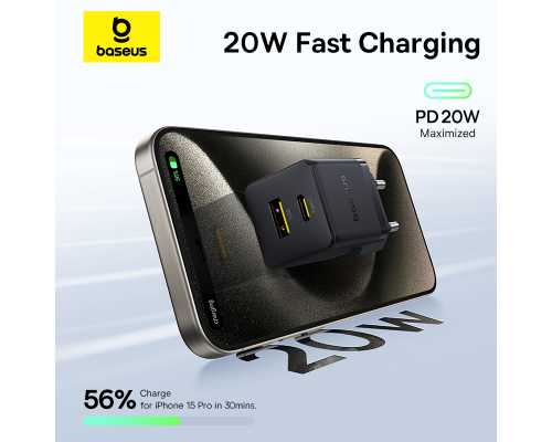 Мережевий зарядний пристрій Baseus Palm Fast Charger C+U 20W EU Cluster Black (with Baseus Mini White Cable USB-C to USB-C 60W (20V/3A) 1m Cluster Bla (P10111608113-01)