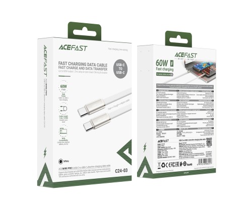 Кабель ACEFAST C24-03, Type-C to Type-C, 60W, 3A, 1.2m, Braided wire, Zinc alloy + TPE connectors, White (6974316286257)