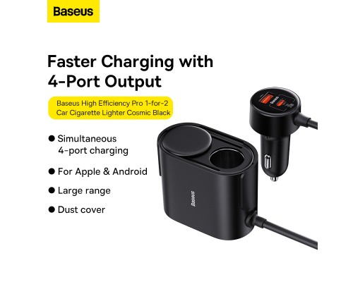 Автомобільний зарядний пристрій Baseus High Efficiency Pro 1-for-2 Car Cigarette Lighter 30W Cosmic Black (C00455300121-00)