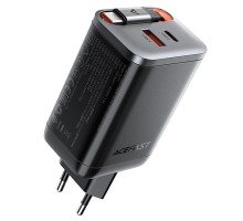 Мережевий зарядний пристрій з кабелем ACEFAST A111 PD67W GaN charger(2*USB-C+USB-A) with retractable cable Black (6974316284062)