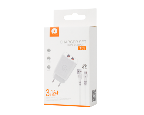 Мережевий зарядний пристрій з кабелем WUW-T55 2USB/3.1A set micro (6972573333974)