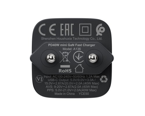 Мережевий зарядний пристрій ACEFAST A136 PD40W mini GaN USB-C fast charger Black (6974316286233)