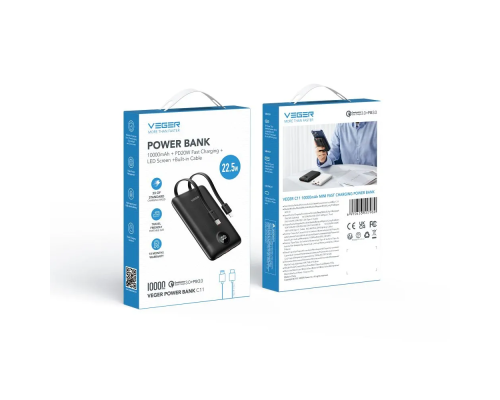 Зовнішній акумулятор VEGER 10000 mAh with built-in cables Type C / Lightning PD QC3.0 2A 22,5W C11 (W1170) black (VG-W1170)