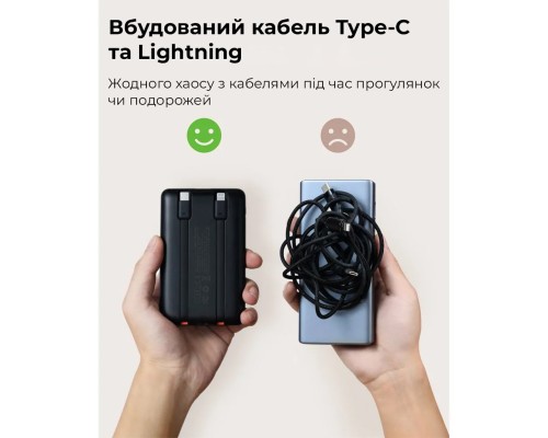 Зовнішній акумулятор VEGER 10000 mAh with built-in cables Type C / Lightning PD QC3.0 2A 22,5W C11 (W1170) black (VG-W1170)