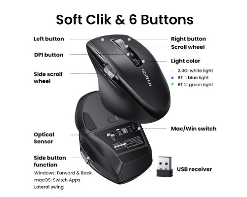 Маніпулятор миша бездротова UGREEN M751 Multi-mode Wireless Mouse Black (UGR-45792)