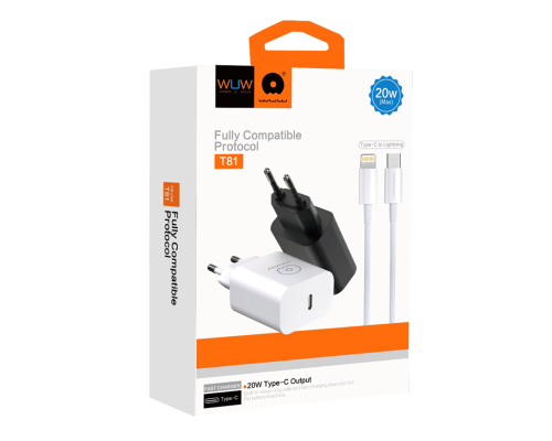 Мережевий зарядний пристрій з кабелем WUW-T81L PD 20W USB C fast charger +USB C to Lightning cable kit (6972573335503)