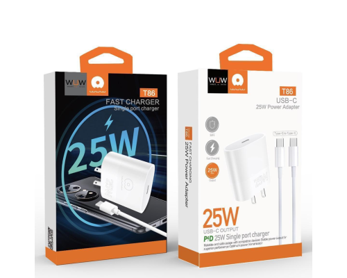 Мережевий зарядний пристрій з кабелем WUW-T86C PD 25W fast charger + USB C to USB C cable set (6972573338030)