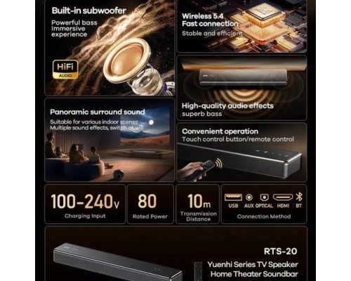 Саундбар REMAX RTS-20 Yuenhi Series, 80W, Gray (6954851292869)