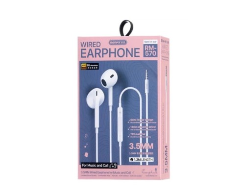 Навушники дротові REMAX Wired Earphones for Music and Call  RM-570/a/i (3.5mm) White (6954851234692)