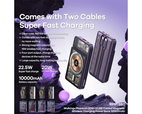 Зовнішній акумулятор REMAX Walking·Phantom Series PD20W+QC22.5W Cabled Magnetic Wireless Charging Power Bank 10000mAh RPP-580 Black (6954851208631)