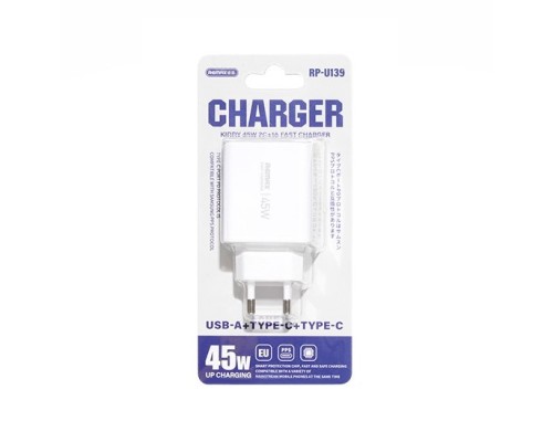 Мережевий зарядний пристрій REMAX Kiddy Series 45W 2C+1A Fast Charger RP-U139 EU-WHITE (6972174151809)
